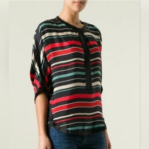 Isabel Marant Etoile 100% Silk Striped Deep V Neck 3/4 Sleeve Blouse Size Large